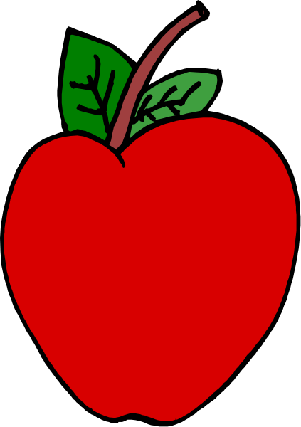 The image shows a red apple with green leaves on it against a black background.