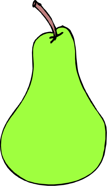 The picture shows a green pear with an eye on it next to a yellow banana that has been cut open revealing its interior.