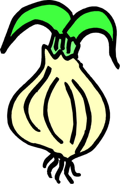 The image shows a cartoon of an onion with green leaves attached to it against a black background.