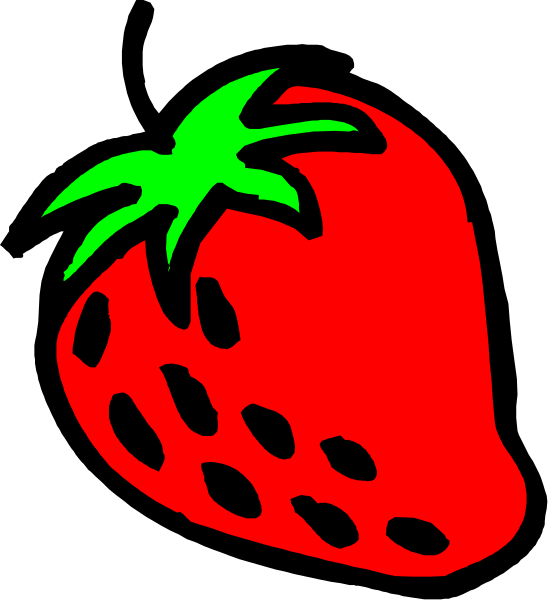 The image shows a cartoon strawberry with green leaves on top against a black background.