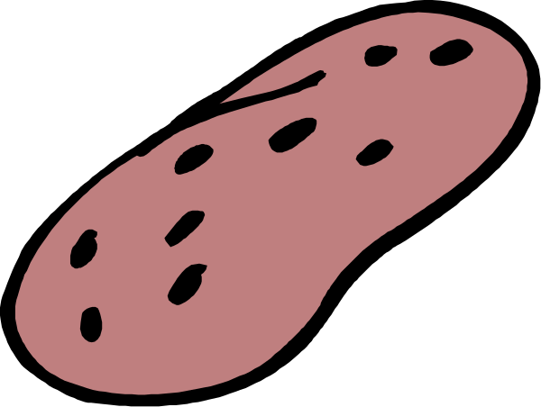 The image shows a simple black and white line drawing of two pieces of fruit with seeds on top against a dark background.