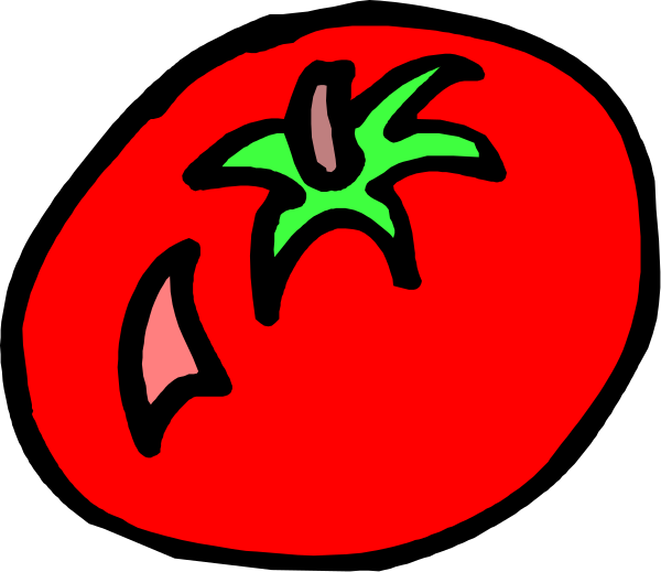 The image shows a cartoon tomato with two slices missing on its side against a black background.
