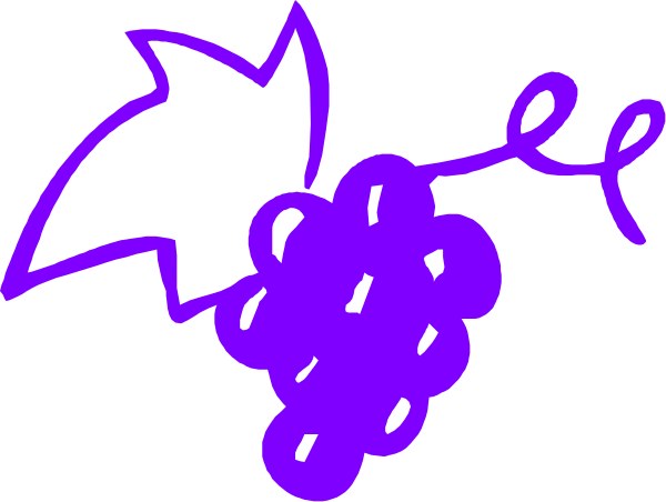 The image shows a purple grape with green leaves next to it on what appears to be a vine background.