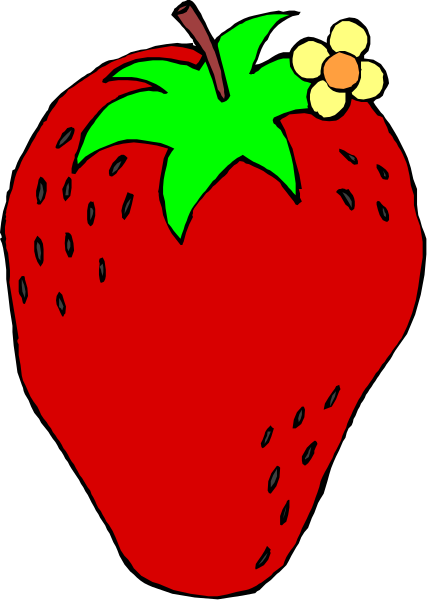 The illustration shows a red strawberry with green leaves on top of it against a white background.
