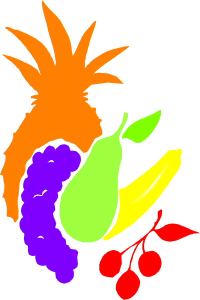 The image shows a colorful fruit salad with various fruits such as pineapple, banana, strawberry, blueberries, kiwi slices, cherry tomatoes, red grapes, pomegranate seeds and leaves, mango chunks, orange segments, pear halves, apple wedges.