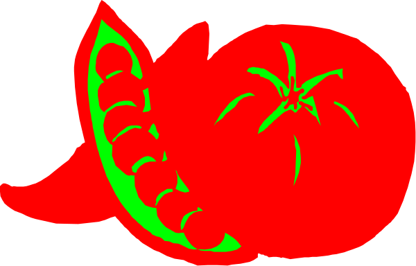 The image shows a red tomato with green leaves on it against a gray background.