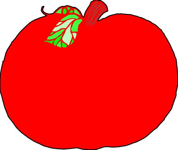 The image shows a red tomato with two halves connected by their stem at an angle against a black background.