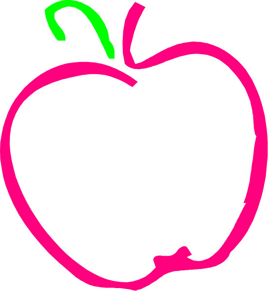 The image shows a simple line drawing of an apple with two leaves on top against a black background.