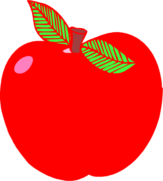 The image shows a red apple with green leaves on top of it.