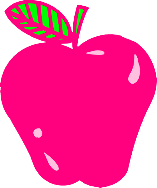 The image shows a pink apple with an illustration of leaves on top next to it.