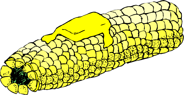 The image shows a cartoon depiction of an ear of corn with kernels on it being eaten by what appears to be a small creature resembling a mouse or rat.