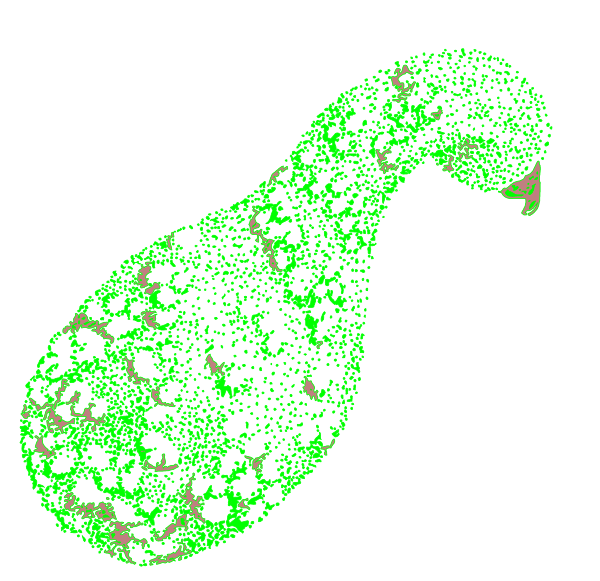 The image shows a green pepper with spots on it next to an orange that has been cut open revealing its seeds inside.