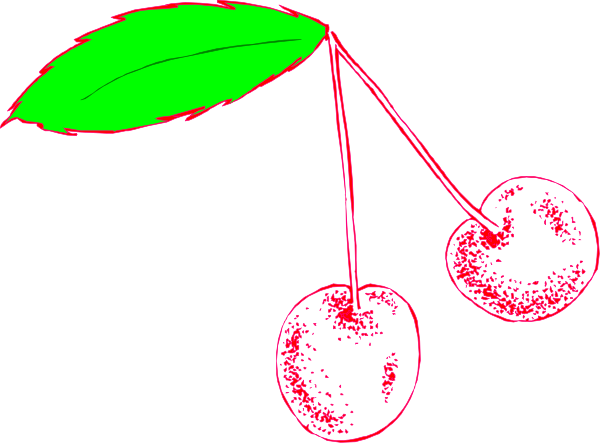 The image shows a black background with two cherries hanging from stems on either side of what appears to be an apple slice in between them.