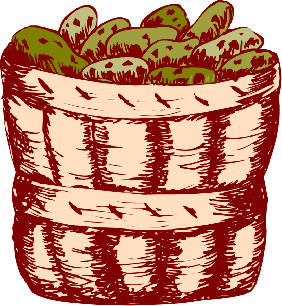 The image shows a basket filled with potatoes on top of another similar potato basket.