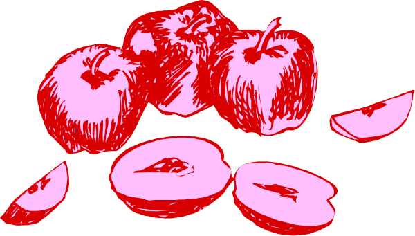 The image shows a collection of red apples with some sliced open to reveal their interiors on what appears to be a dark background.