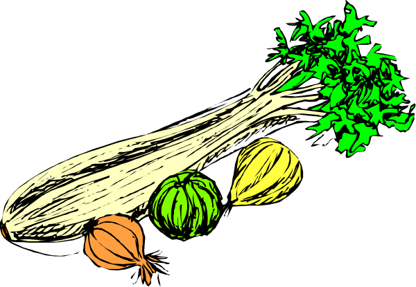 The image shows a black and white illustration of various vegetables including broccoli, carrots, celery, onions, garlic bulbs, potatoes, tomatoes, cucumbers, bell peppers, eggplant, zuchinni squash, green beans, peas in pods, corn cob, lettuce leaves and a head of cabbage.