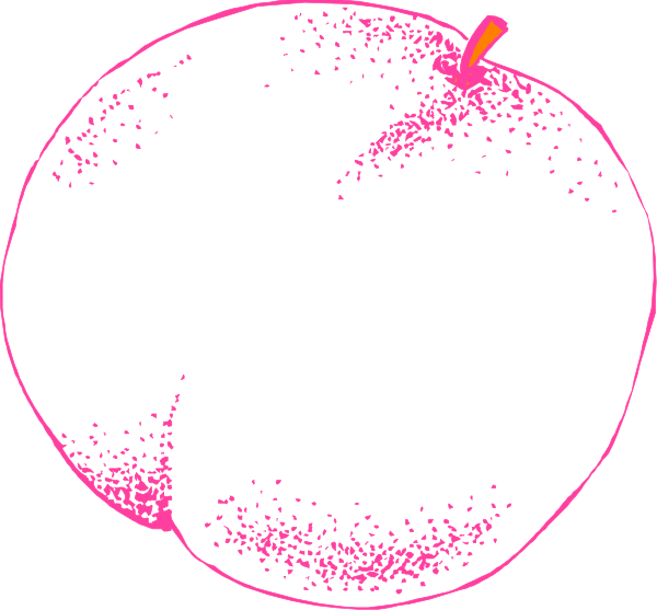 The image shows a black apple with pink dots on it against a white background to its left side, which is partially obscured by another object that appears as an orange slice shape in red coloring atop of the apple's stem area; there seems to be no visible connection between these two objects.