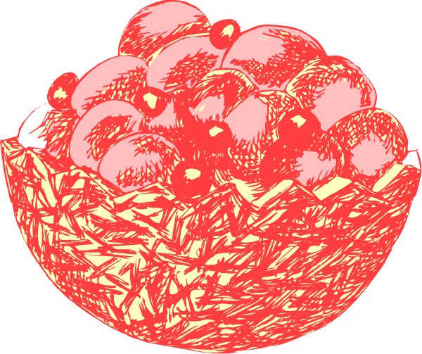 The illustration shows a bowl filled with red fruits that resemble apples on top of what appears to be grapes in shades of green and purple at bottom; there is no text present within this image, which focuses solely on depicting fruit without any additional context or elements beyond the food items.