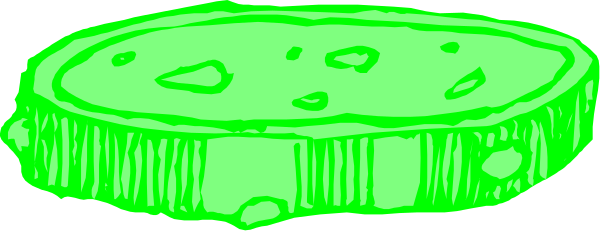 The image shows a green blob on top of another object that resembles an orange slice with jagged edges; both blobs have black outlines suggesting depth perception in 3D space within what appears to be a dark background, possibly representing outer space due to their celestial appearance and the absence of other objects or context. There are no texts present on this image. The style is minimalistic clip-art with simple shapes and colors used for representation rather than realism. No actions can be discerned from these static images; they depict a still scene without any movement, interaction
