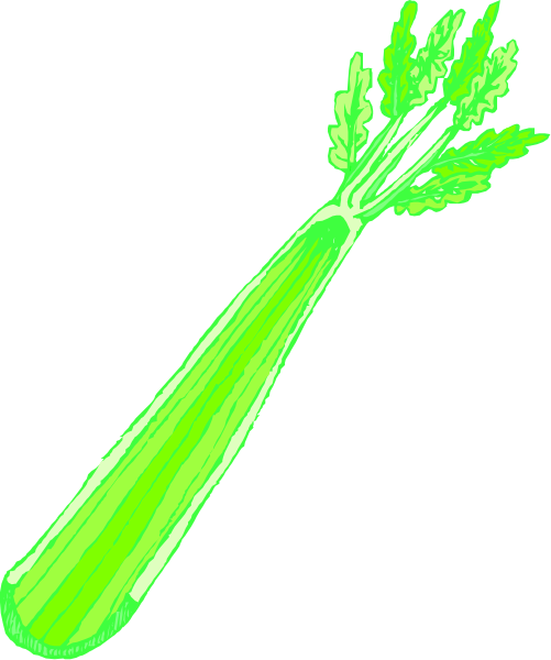 The image shows a green celery stalk with leaves on top against a black background.