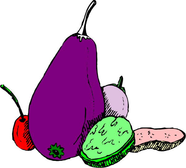 The illustration depicts a purple eggplant next to an avocado with slices missing on its side, accompanied by other fruits such as bananas and apples in various states of ripeness against a dark background.