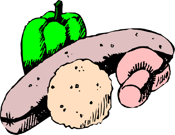 The black and white illustration shows a variety of food items including meat, vegetables like carrots and broccoli, potatoes, bread rolls, eggs, sausages, mushrooms, onions, garlic cloves, bananas, apples, oranges, tomatoes, peppers, cucumbers, lettuce, cheese slices, a hot dog bun with two wienners in it and some condiments.