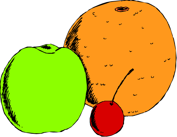 The image shows a cartoon of three fruits: an apple with two bites taken out on its right side; to the left is half of an orange that has been peeled back revealing segments inside; below these, there's another fruit which appears to be either cherry or grape but it isn't clear enough. The background color behind them seems dark and contrasting with their bright colors for emphasis on the fruits themselves.