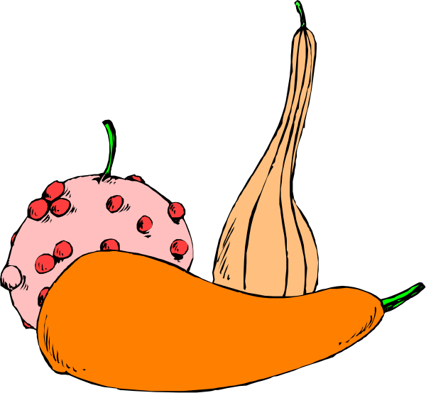 The illustration shows a cartoon depiction of vegetables: carrots with green tops on top left; an orange pepper next to them in center right; two red peppers at bottom left corner; and one large purple eggplant below it, all against black background.