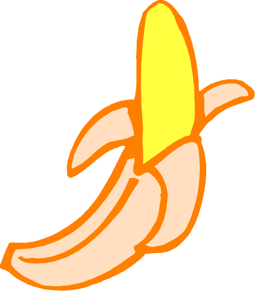 The image shows a cartoon banana with an orange peel on top of it against a black background.