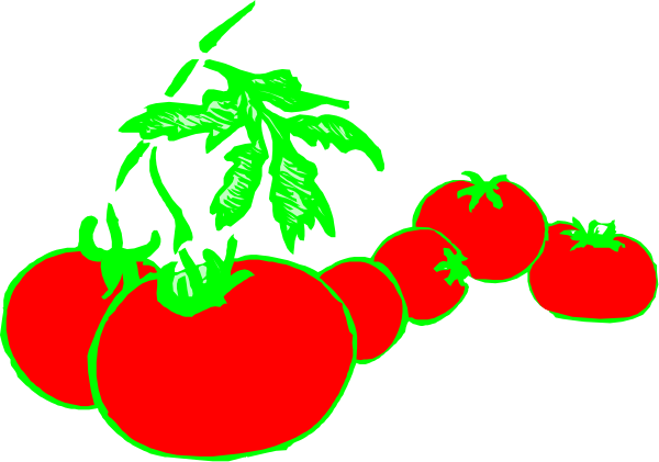 The image shows a cartoon depiction of tomatoes with green stems on them against a black background; there is no text present in this small clip-art image.