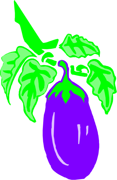The image shows a purple eggplant with green leaves on top of it against a black background.