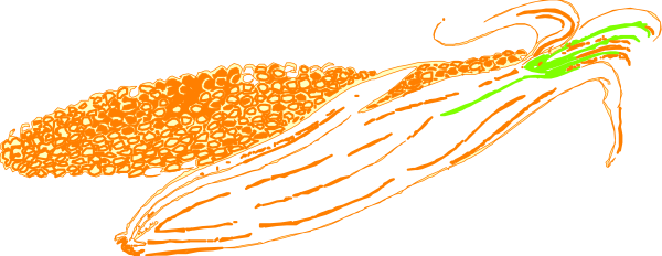 The image shows a cartoon of an ear of corn with kernels that have been colored to look like eyes and mouths on top of it against a black background.