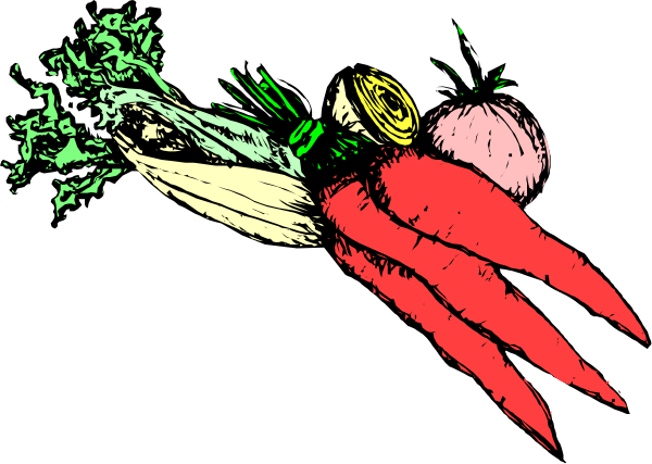 The image shows a colorful illustration of various vegetables with vibrant hues against a dark background; there is no text present in this clip-art picture.