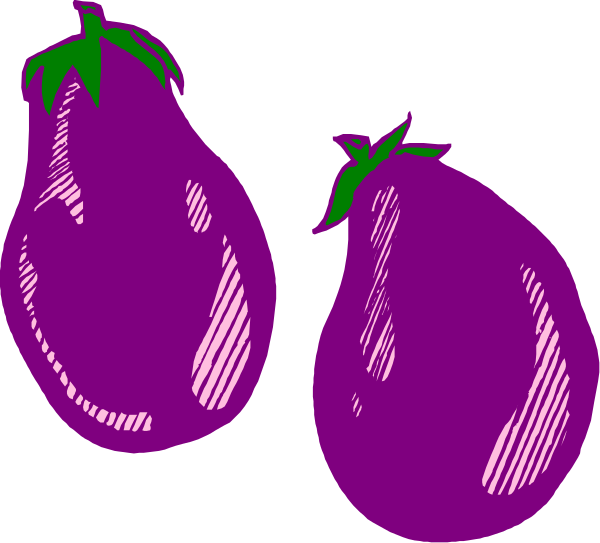 The image shows three purple eggplants with green stems against a black background.