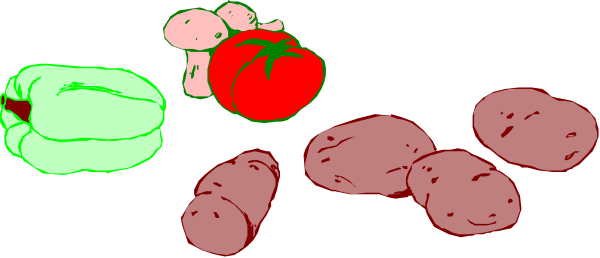 The image shows a cartoon of various food items including tomatoes, potatoes, bread loaves, eggs, broccoli, carrots, apples, bananas, cakes with candles on them and other vegetables in different shades of green red yellow brown purple blue orange pink black.