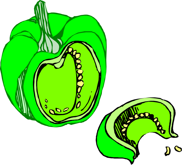The image shows a green pepper with an open top revealing its seeds on the left side of two peppers that appear to be cut in half lengthwise against a black background; there is no text present within this description.