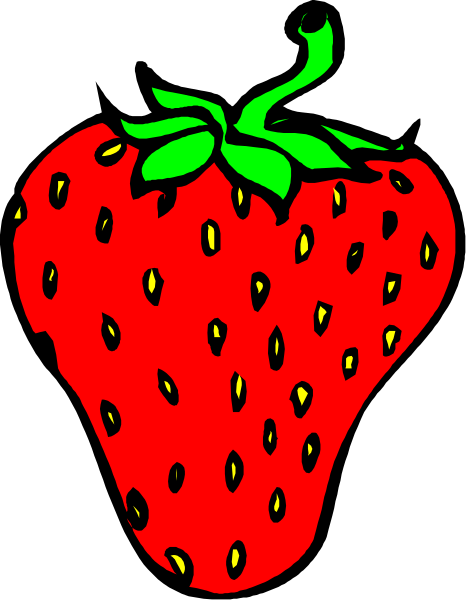 The image shows a stylized strawberry with green leaves on top against a black background.
