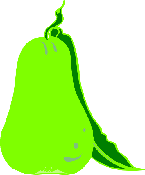 The image shows a green pear with two eyes drawn on it sitting next to an orange that has been cut open revealing its seeds inside.