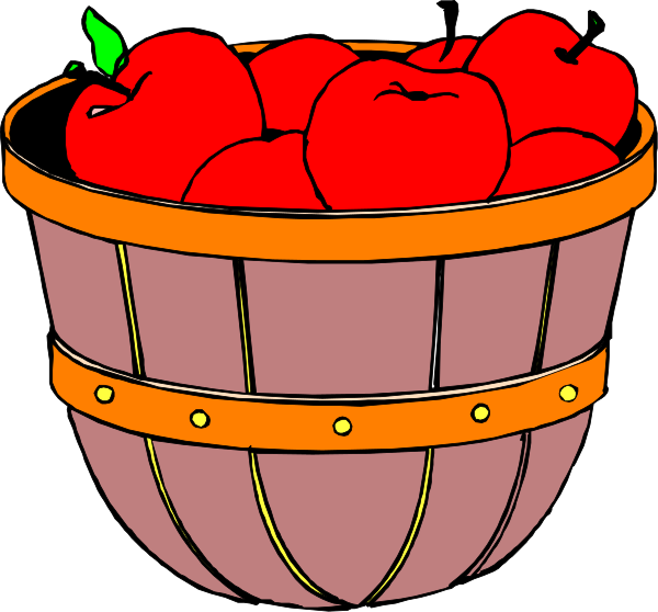 The image shows a cartoon of two baskets filled with red apples placed on top of each other against an orange background; there is no text present in this clip-art illustration.