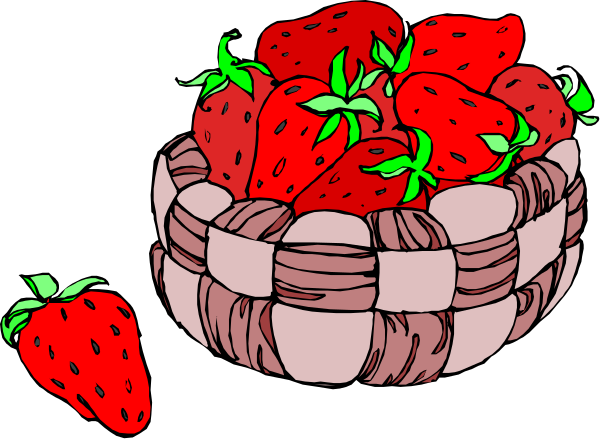 The image shows a cartoon of strawberries with green leaves inside an oval basket on top of what appears to be bread slices in another larger bowl filled with more fresh red strawberries.