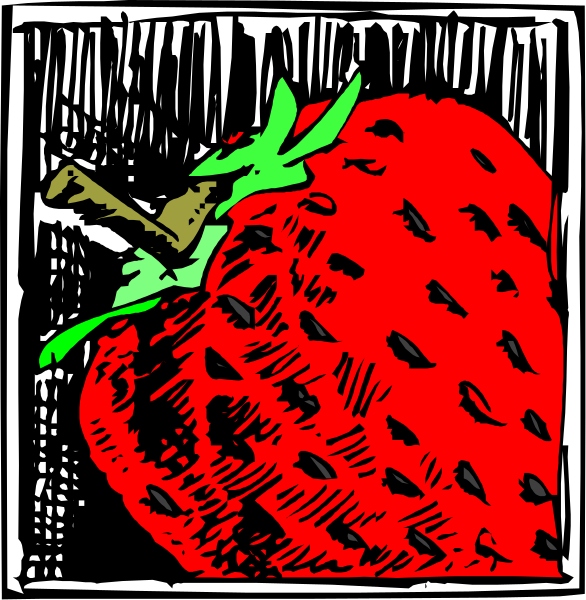 The comic strip shows a strawberry with leaves on top of it being sliced by an unseen knife into two pieces; one piece is placed in front of another slice that has been cut out from behind to reveal its interior, and there's text above each panel indicating different stages or actions related to the process.