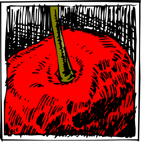 The comic strip shows a red apple with an axe stuck into it on top of two panels; no other significant details can be discerned from this image alone due to its small size and lack of context provided by the text in each panel, which is not visible here.