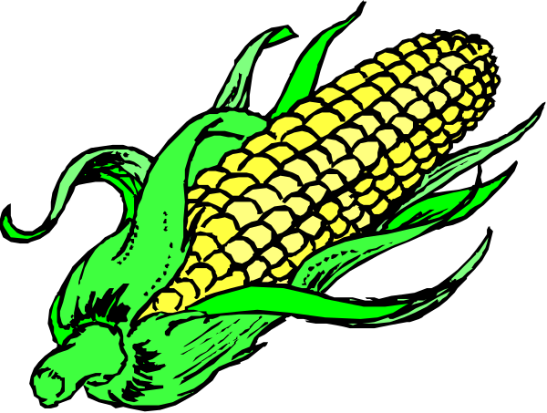 The image shows a stylized graphic of an ear of corn with green leaves on top against a black background.