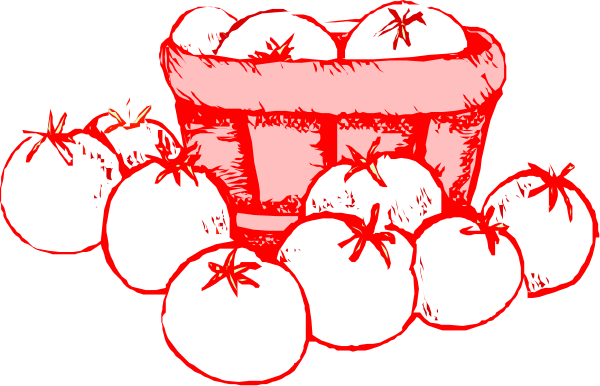 The image shows a cartoon depiction of tomatoes with green leaves still attached to them inside an open basket on top of what appears to be other vegetables like potatoes in bags below it all set against a dark background, suggesting this is likely meant for decorative or illustration purposes rather than real life.