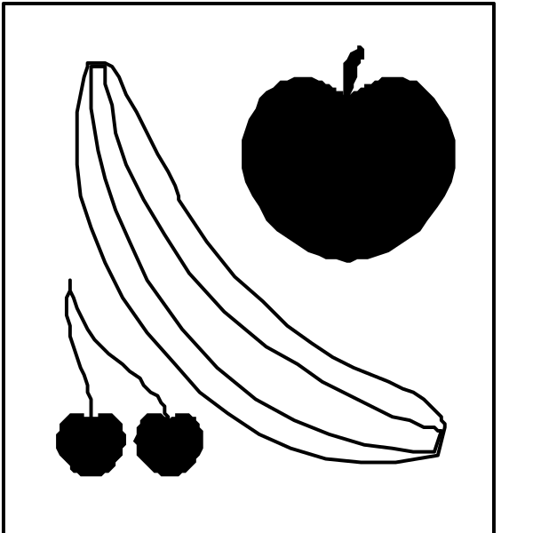 The black and white illustration shows a banana with cherries on top next to an apple symbolizing fruit, all set against a simple background.