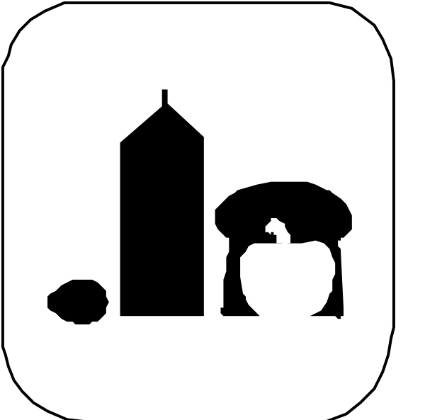 The black and white icon features a stylized depiction of an apple with two bites taken out on its left side at top right corner; below it is a small house topped by what appears to be a chimney, flanked by icons representing food items: bread loaf in the center-left position between the apple and building. The icon has no text or additional details visible within this image snippet provided. It's an abstract representation of these objects without any specific actions taking place. There are also two small black dots, one on each side at bottom left corner