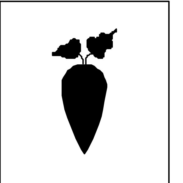 The black and white silhouette of a carrot with two leaves on top against an empty background.