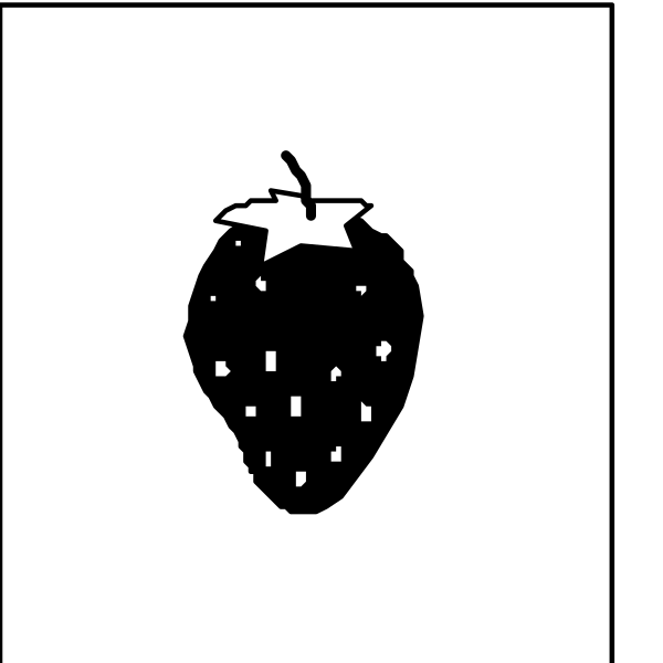 The black and white illustration shows a strawberry with seeds on its surface to the right of an apple icon that is placed above two horizontal lines forming what appears to be a stylized representation of grass or ground, suggesting this could represent a garden setting where fruits grow.
