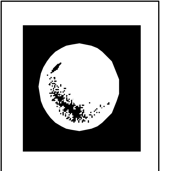 The black and white logo of a golf ball with dots around it on top right corner of an icon that resembles a target board in bottom left corner.