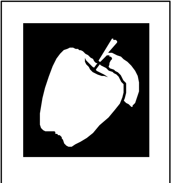 The black and white logo features an apple with a bite taken out of it on top left corner next to a cartoon-like drawing of an ear of corn in bottom right corner.